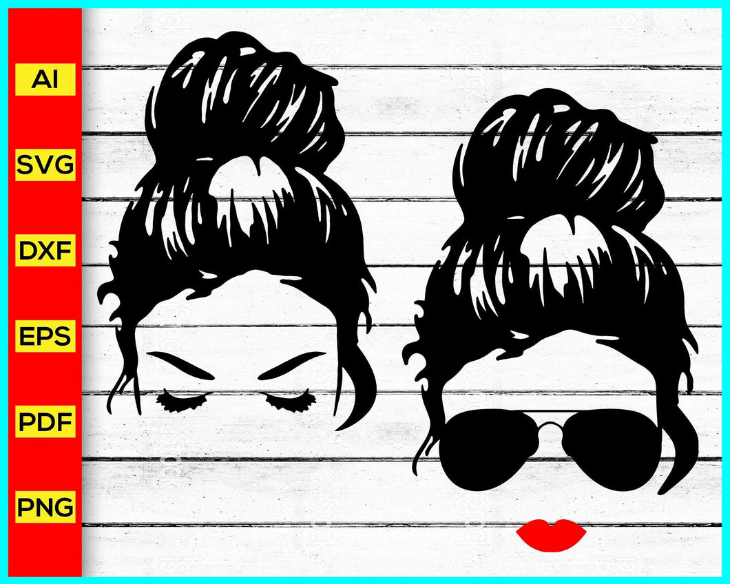 Girl With Messy Bun SVG, Girl Svg, Mom Svg, Messy hair Svg, Messy Bun Svg, Hair SVG, Girl with Lashes svg, Eyelashes, Mom Life svg, Girl with Sunglasses Svg, Messy Bun Cut File, Messy bun skull svg, trending in google, Cut file for cricut, free svg files, silhouette, vector, clipart, editable svg file