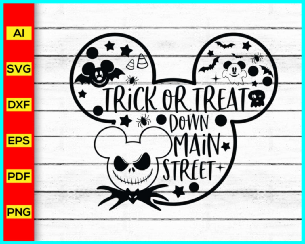 Mickey Inspired Trick or Treat Svg, Nightmare before Christmas svg, Halloween svg, Jack and Sally svg, Jack Skellington svg, Sally svg, Jack and Sally Love, Nightmare svg, Jack and Sally Bundle svg, Jack smile face svg, trending in google, Cut file for cricut, free svg files, silhouette, vector, clipart, editable svg file