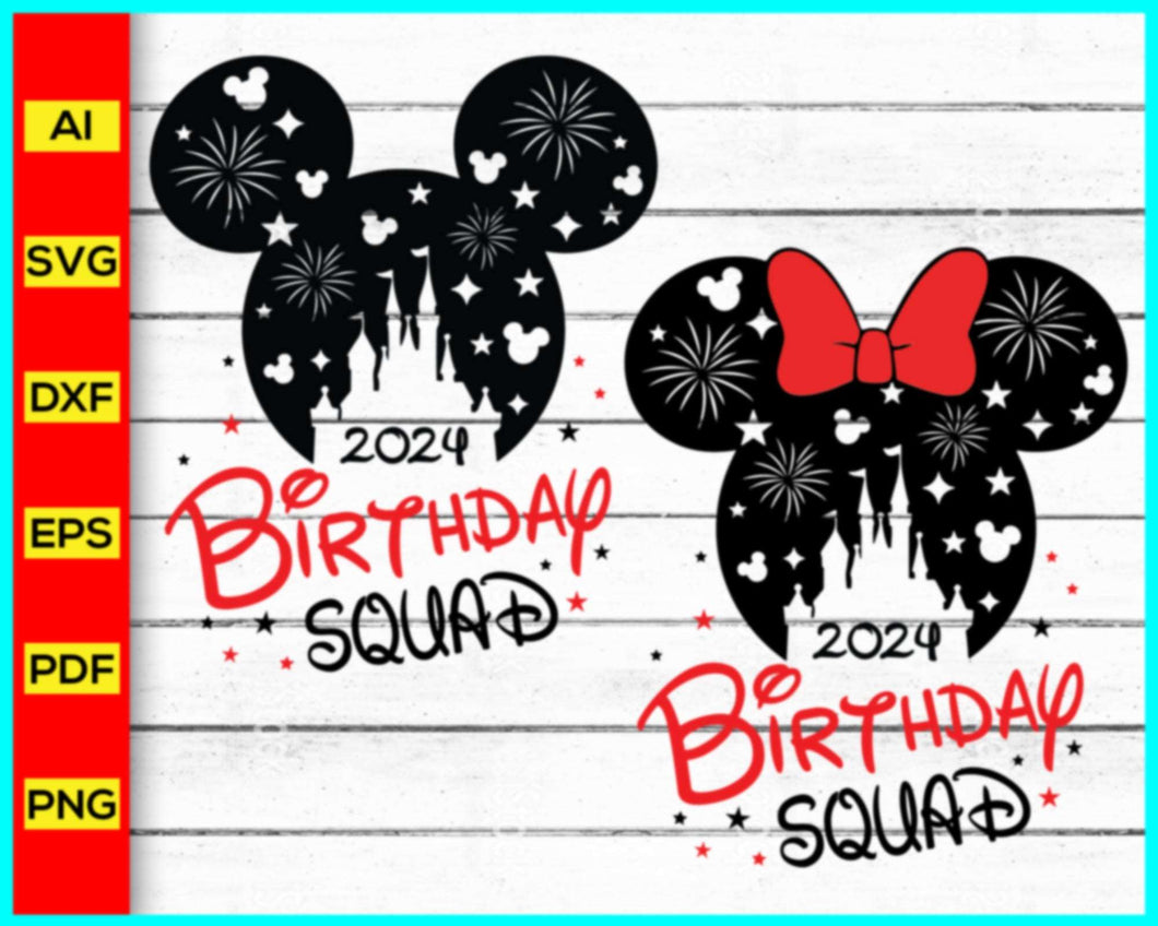Birthday Squad 2024 SVG, Disney Birthday Svg Png Files, Birthday Squad SVG, Birthday 2024 Svg, Files for cutting machines and sublimation, Disney Family Vacation 2024 SVG, Mouse silhouette, Mickey Mouse silhouette, Minnie Mouse Svg, Disney Svg, Disney Cut file for cricut, silhouette, vector, clipart, editable svg file
