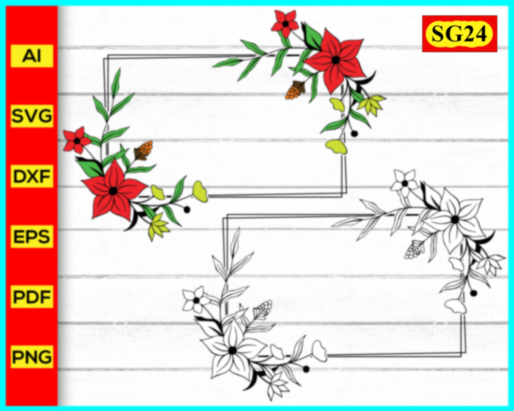 Flower wreath svg, Floral wreath svg, Wildflower Svg, Spring Flower Wreath Flowers Frame Floral Rectangular Border Wedding Line Art Botanical Png Files for Cricut, SVG,PNG, EPS, Dxf, Download, Cricut