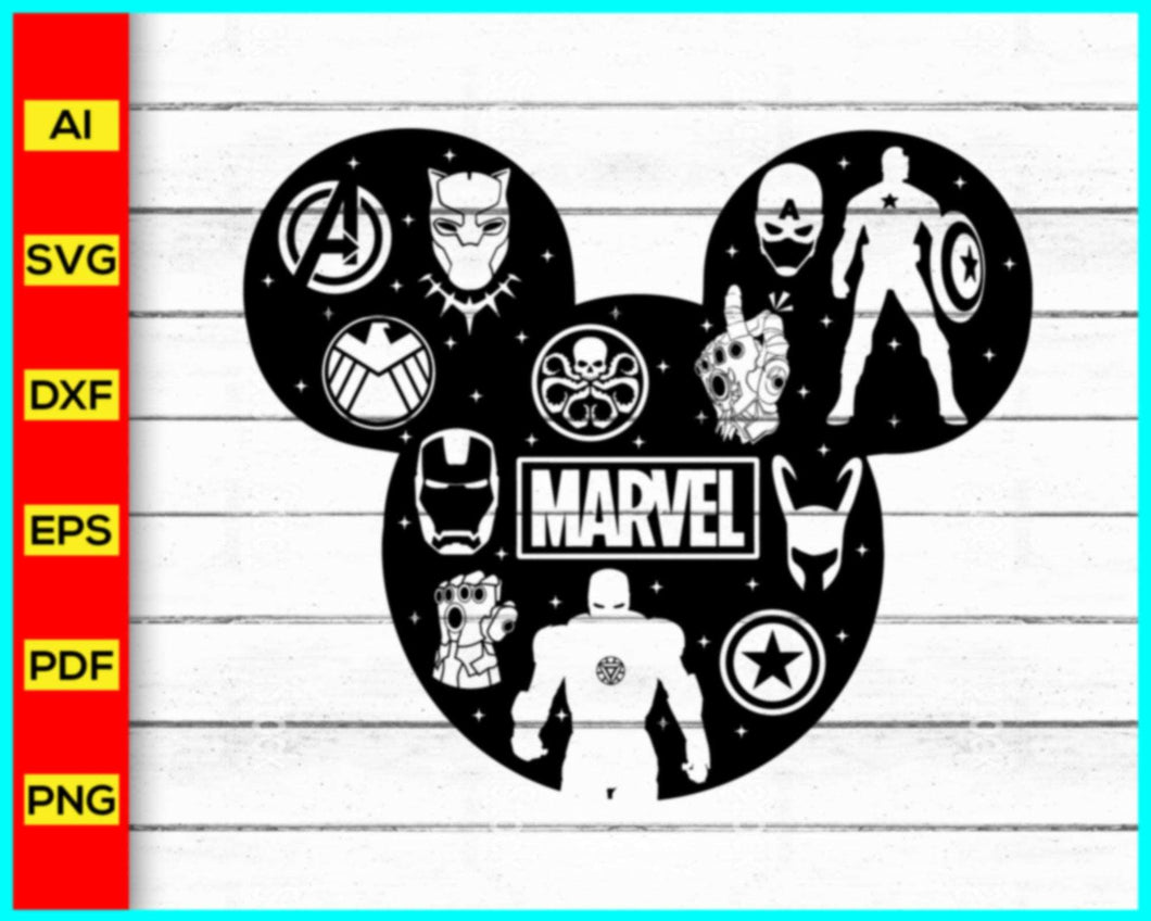 Marvel Superhero Collage Mickey Mouse Digital Design, Marvel Superheros, Avengers, Captain America, Disney Characters, Marvel Characters, silhouette