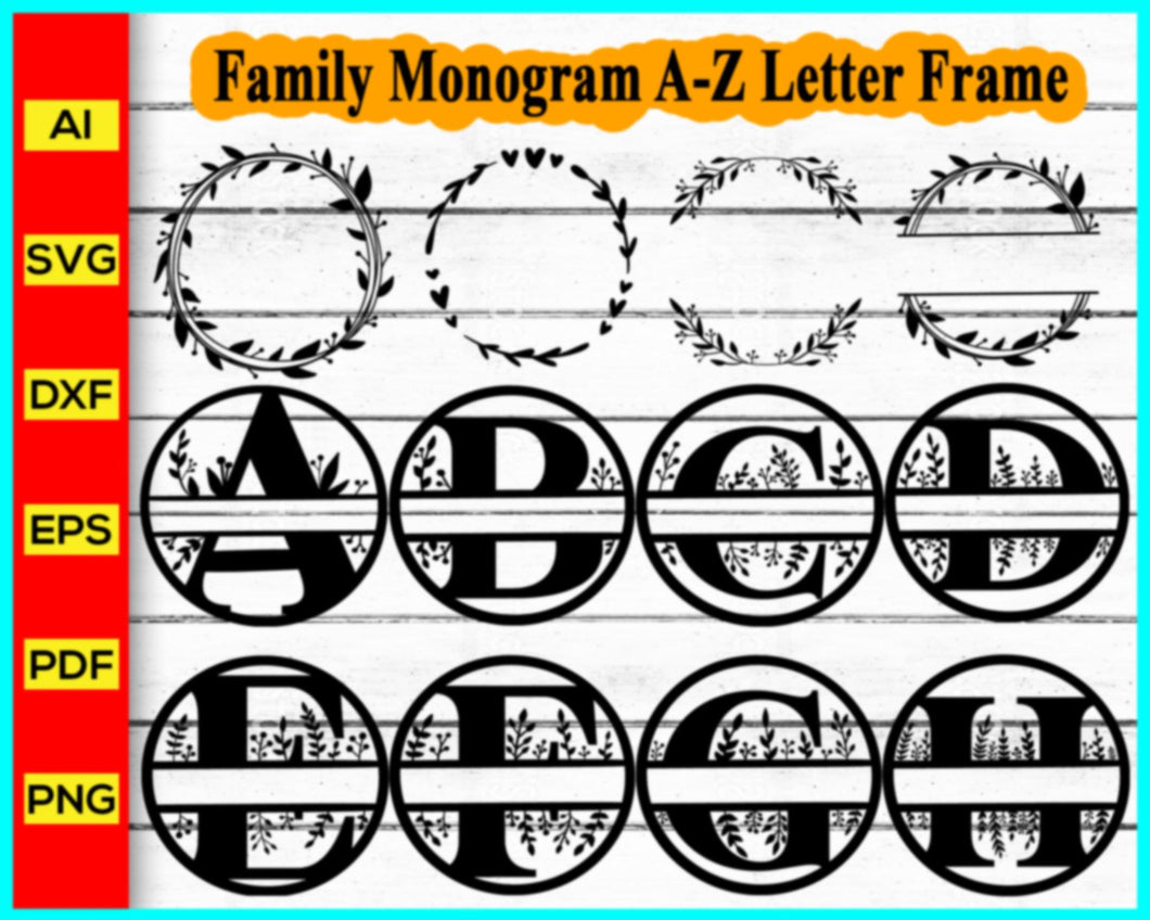 Family Monogram A-Z Letter Frame Svg, Alphabet Monogram Svg, A to Z Letter Svg, Floral Letter Svg silhouette, Floral wreath svg silhouette - My Store
