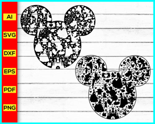 Disney Cartoon Characters Svg, Mouse Ears, Mickey Mouse Silhouette filled with Characters, Mickey Mouse silhouette Png, Cartoon character Cut file - My Store