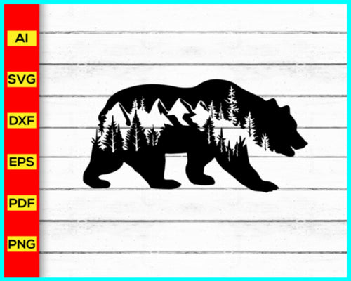 Bear svg file, bear in the woods, bear mountain svg, mountains svg, camping svg, pine trees, deer svg, Bear Svg Png, Bear Silhouette, Family bear bundle - My Store
