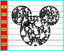 Load image into Gallery viewer, Disney Cartoon Characters Svg, Mouse Ears, Mickey Mouse Silhouette filled with Characters, Mickey Mouse silhouette Png, Cartoon character Cut file - My Store
