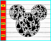 Load image into Gallery viewer, Disney Cartoon Characters Svg, Mouse Ears, Mickey Mouse Silhouette filled with Characters, Mickey Mouse silhouette Png, Cartoon character Cut file - My Store
